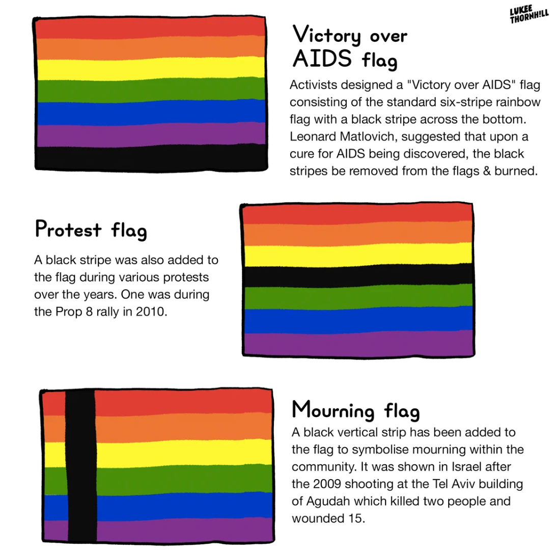 An illustrated explainer distinguishing three rainbow flags that carry a black stripe.