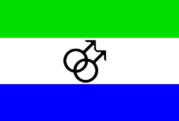Three horizontal stripes, green, white and blue, with a black interlocking double-Mars symbol centred on the white stripe.