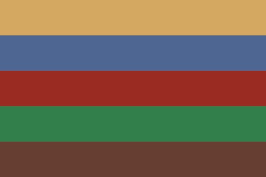 The Indigiqueer Pride Flag: five horizontal stripes in tan, blue, red, green and brown.