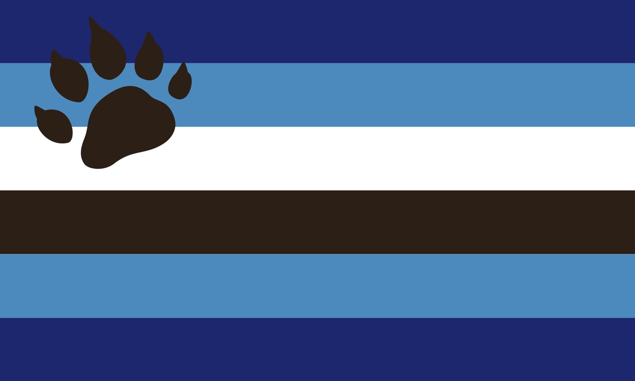 Otter Pride Flag published by Bearback: six horizontal stripes in dark navy, light blue, white, dark brown, light blue, and dark navy, with a dark-brown paw print at the upper left.