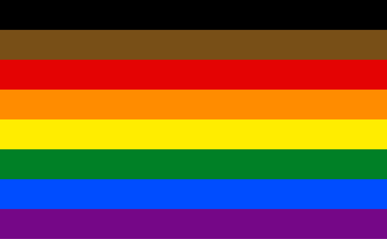 The Philadelphia pride flag: eight bands, black and brown above the six rainbow stripes.