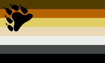Seven horizontal stripes running dark brown at the top down through rust, gold, cream, white and grey to black, with a black bear paw print with claws set at an angle across the upper hoist.