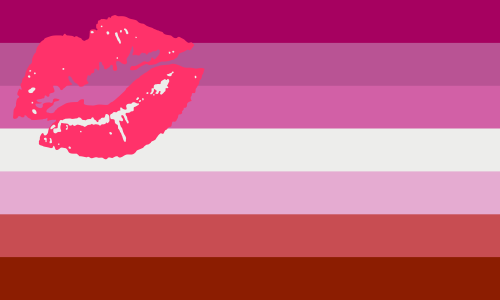 Seven horizontal stripes running from dark magenta through off-white to dark red, with a hot pink lipstick kiss mark in the top left corner.