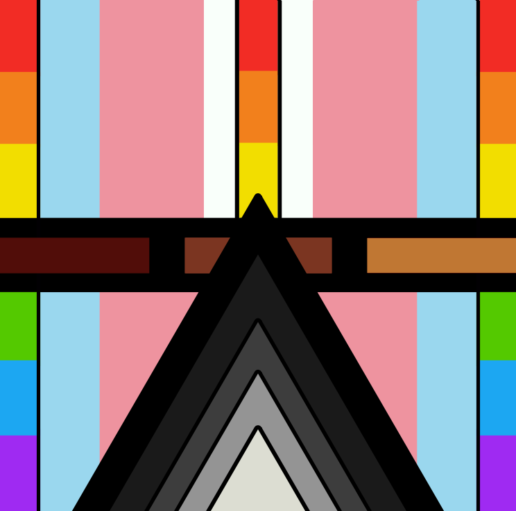 qPoC/tPoC White Cishet Ally Flag: mirrored vertical rainbow and transgender bands crossed by brown bands between black rules, with a nested black-to-white chevron.