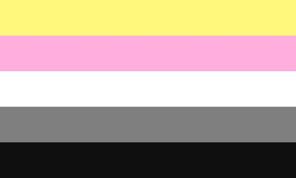 Five equal horizontal bands: pastel yellow, pastel pink, white, grey and black.