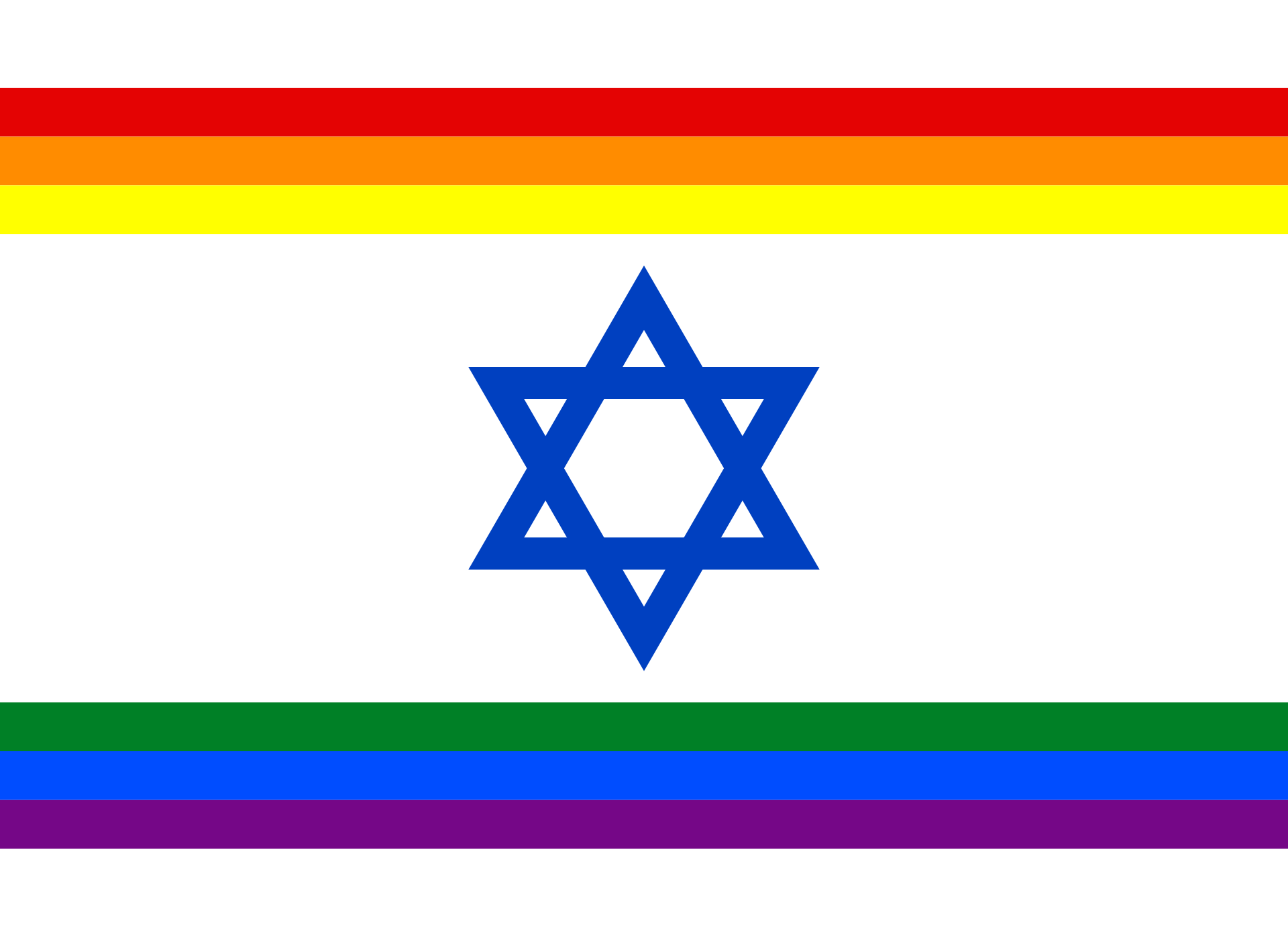 Rainbow Israel Flag: a white field with the blue Magen David at centre, each of the two horizontal blue bands replaced by three narrow rainbow bands.