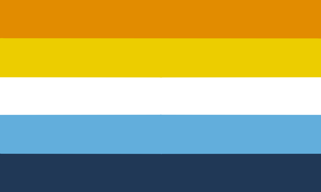 The aroace pride flag: five horizontal bands in orange, yellow, white, light blue and dark blue.