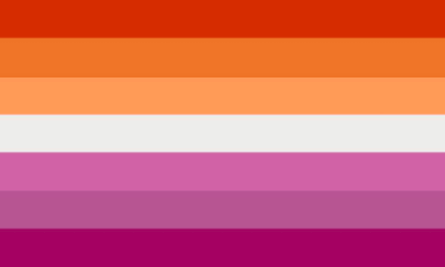 The seven-band orange-to-pink lesbian flag as first published, with a slightly grey off-white centre band.