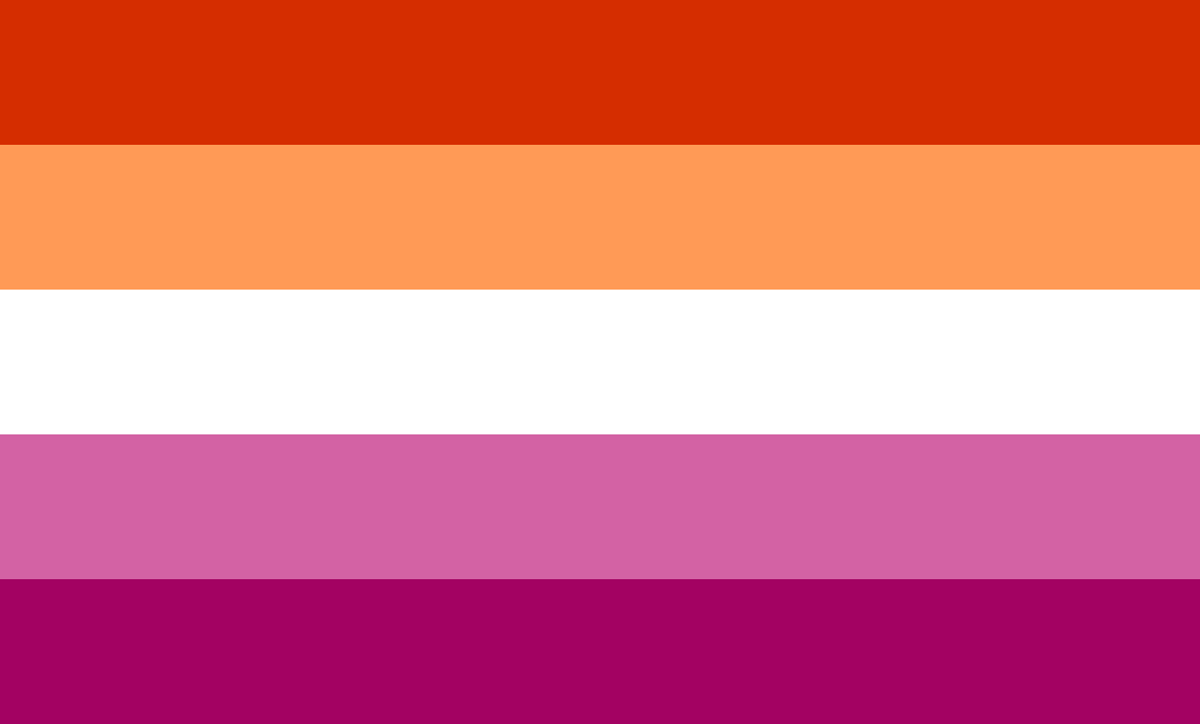 The five-band lesbian flag: dark orange, light orange, white, pink and dark rose.
