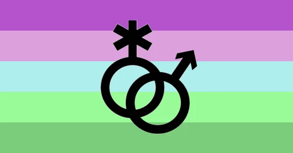 The toric pride flag: five bands from purple through a light teal centre to green, with overlapping nonbinary and Mars symbols in black.