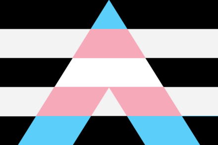 The later rendering: five horizontal bands alternating black and near-white, charged with a large A carrying five trans-coloured bands.