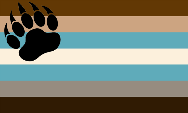 Seven horizontal stripes, dark brown, tan, muted blue, cream, muted blue, taupe and very dark brown, with a large black clawed bear paw print at the upper hoist.