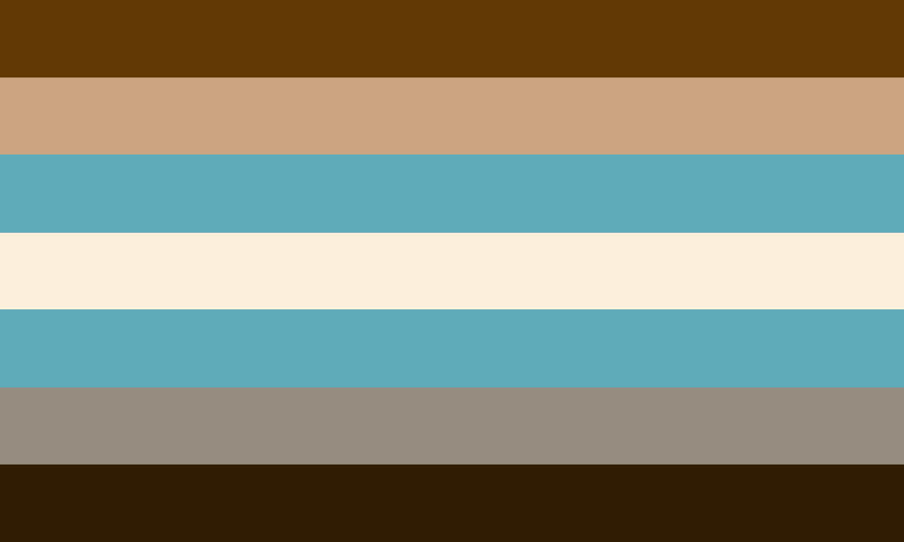 Seven horizontal stripes, dark brown, tan, muted blue, cream, muted blue, taupe and very dark brown, with no paw print.