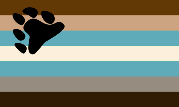The same seven stripes with a rounded black bear paw print at the upper hoist, smaller than the creator's clawed paw.