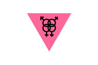 A pink downward-pointing triangle on a white field, charged at its center with a black device of interlocked circles bearing two crosses and two arrows.