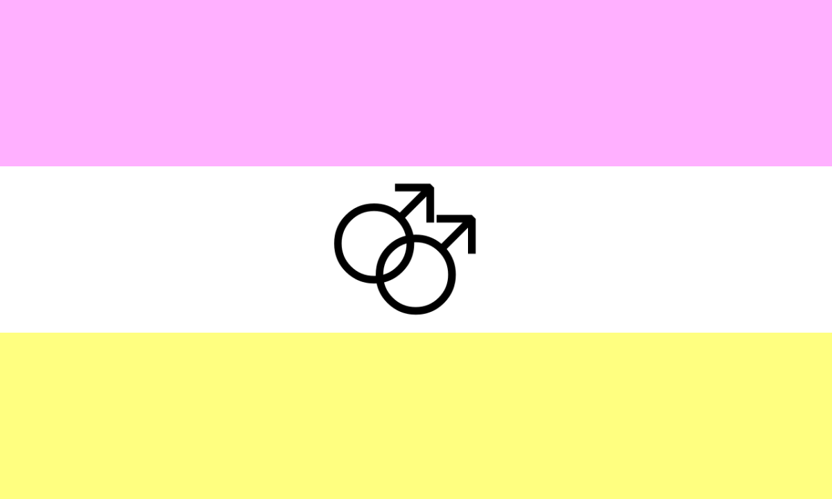 The Twink Pride Flag: horizontal stripes in green, pale yellow, white, pink and navy, with a black interlocking double-Mars symbol on the white centre stripe.