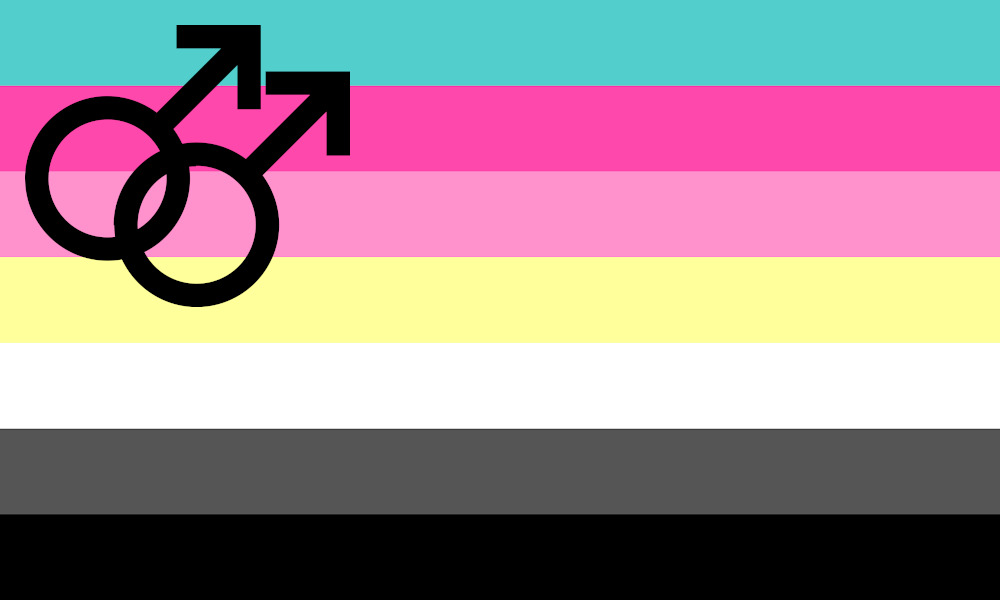 Twink pride flag redesign: seven stripes in turquoise, dark pink, light pink, yellow, white, dark grey and black, with an interlocking double-Mars sign toward the hoist.