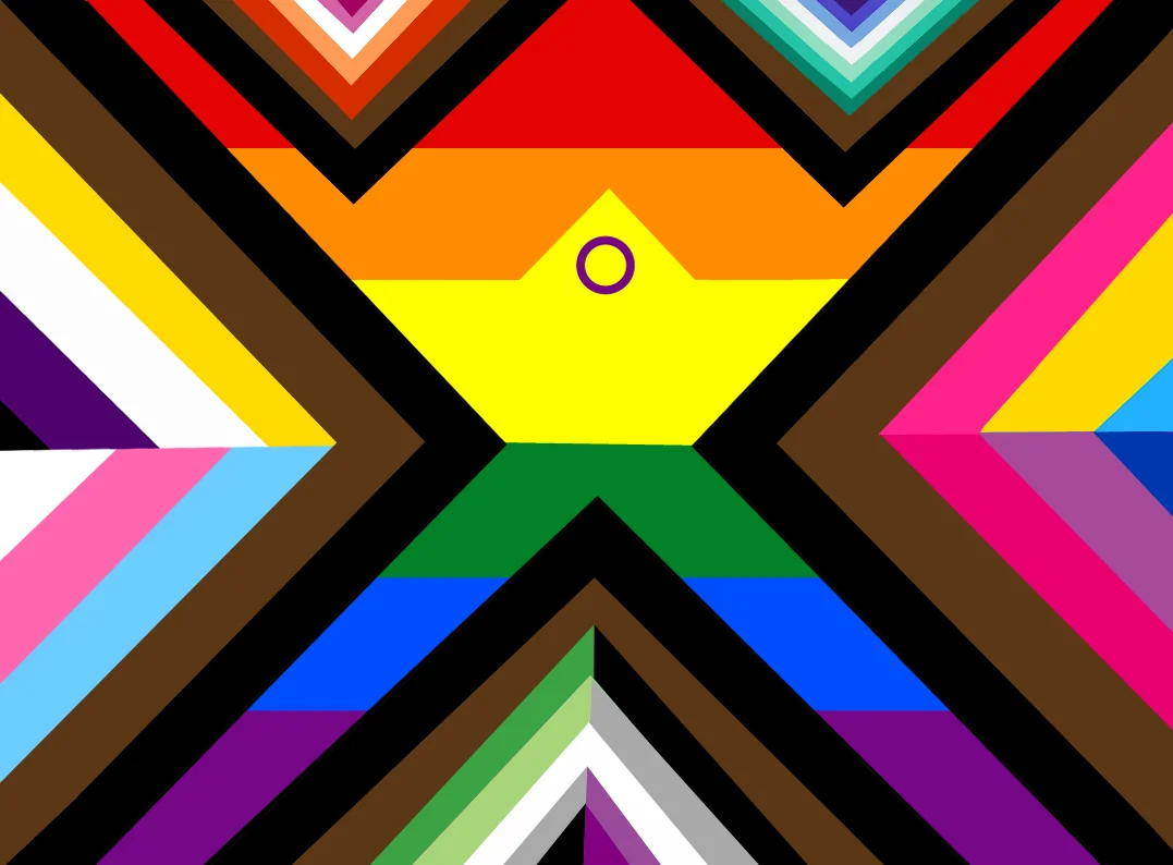 "Ultimate" Inclusive Diversity Pride Flag (TransIphis 2022): elaborate multi-layered design with concentric chevrons and identity flags